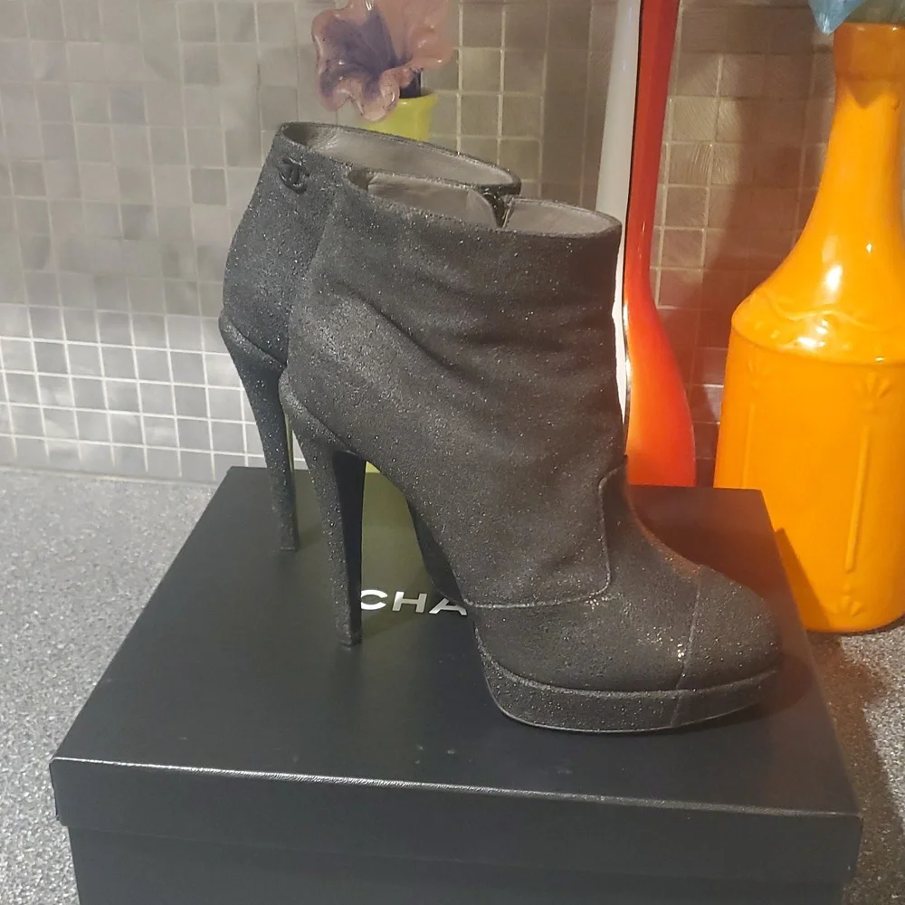 Chanel Sparkly Platform Boots Black - Picture 2 of 11
